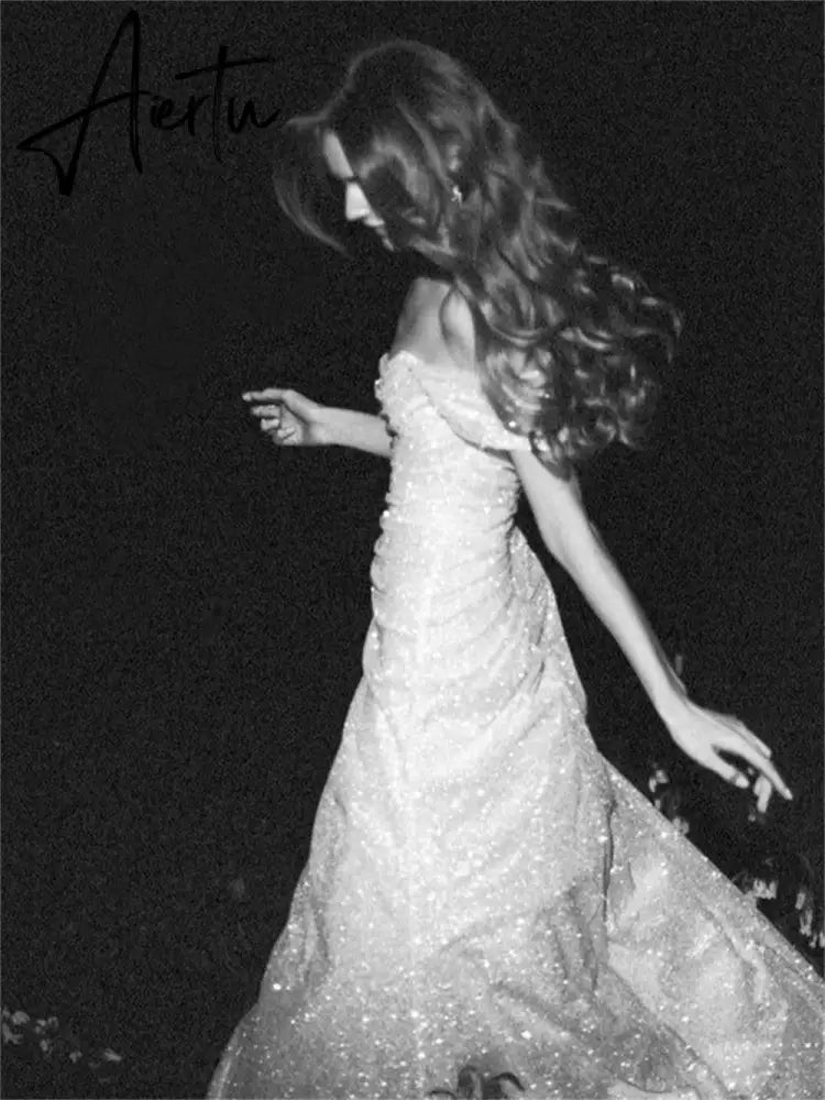 Aiertu Sexy Off Shoulder Prom Dress Sexy Side Split Evening Dress Sequins Mermaid Glitter Fishtail Party Dresses Aiertu