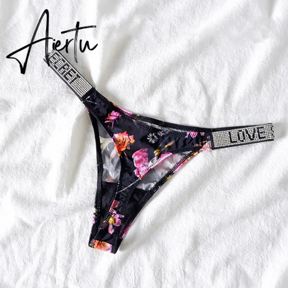 Aiertu  Sexy Rhinestone Thong Low Waist Panties Women Comfort Ice Silk Seamless Lingerie G String Cotton Breathable Intimates Underwear Aiertu