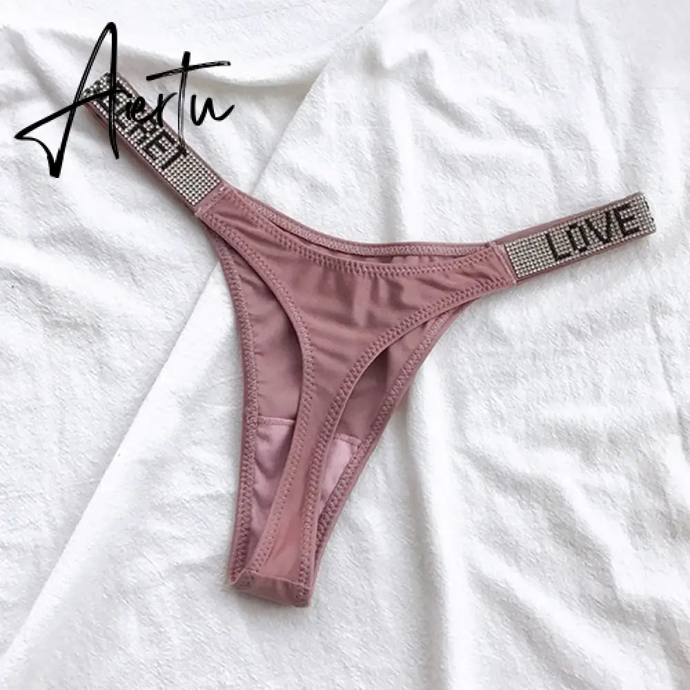 Aiertu  Sexy Rhinestone Thong Low Waist Panties Women Comfort Ice Silk Seamless Lingerie G String Cotton Breathable Intimates Underwear Aiertu