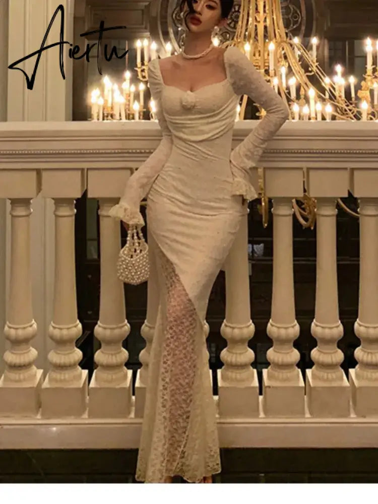 Aiertu Sexy Solid Lace Long Dresses For Women Off Shoulder Bodycon Mermaid Autumn Spring Birthday Evening Party Prom Robe Vestidos New Aiertu