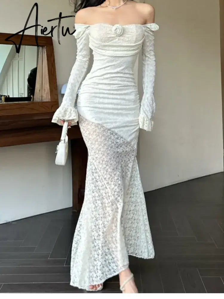 Aiertu Sexy Solid Lace Long Dresses For Women Off Shoulder Bodycon Mermaid Autumn Spring Birthday Evening Party Prom Robe Vestidos New Aiertu