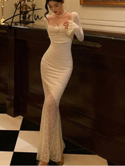 Aiertu Sexy Solid Lace Long Dresses For Women Off Shoulder Bodycon Mermaid Autumn Spring Birthday Evening Party Prom Robe Vestidos New Aiertu