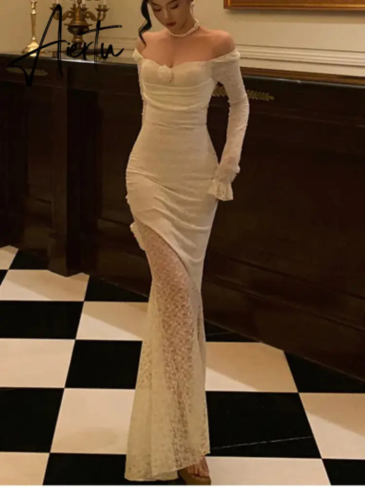 Aiertu Sexy Solid Lace Long Dresses For Women Off Shoulder Bodycon Mermaid Autumn Spring Birthday Evening Party Prom Robe Vestidos New Aiertu