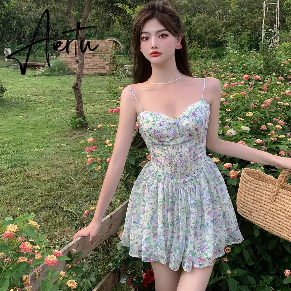 Aiertu Sexy Strap Floral Dress Women Designer Korean Elegant Sweet Mini Dress Sleeveless Chiffon Slim Fairy Party Dress Summer New Aiertu