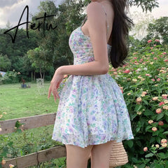 Aiertu Sexy Strap Floral Dress Women Designer Korean Elegant Sweet Mini Dress Sleeveless Chiffon Slim Fairy Party Dress Summer New Aiertu