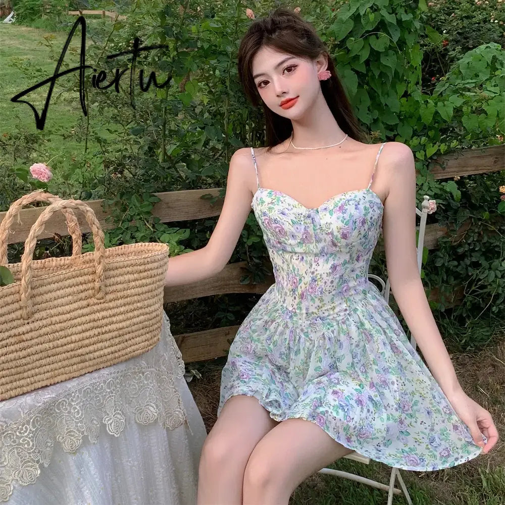 Aiertu Sexy Strap Floral Dress Women Designer Korean Elegant Sweet Mini Dress Sleeveless Chiffon Slim Fairy Party Dress Summer New Aiertu