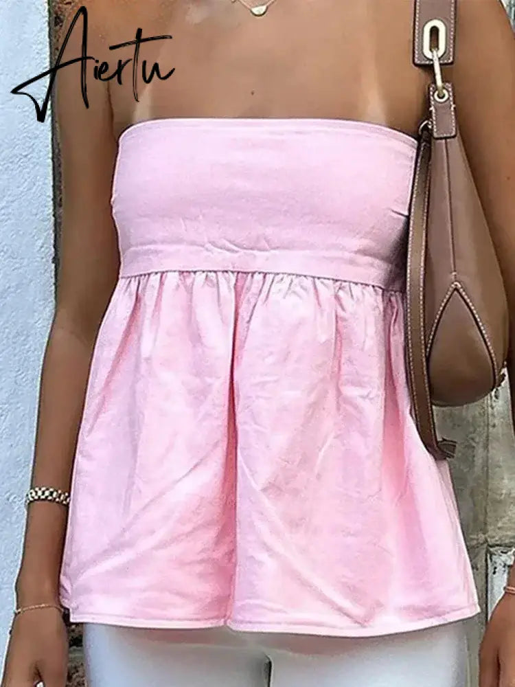 Aiertu Sexy Strapless Ruffles Tube Tops Women Casual Off Shoulder Backless Sleeveless Lady Top 2024 New Summer Solid Female Streetwear Aiertu