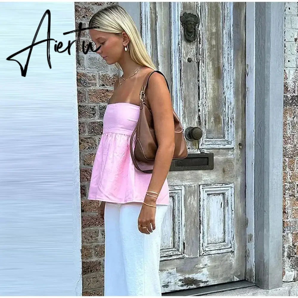 Aiertu Sexy Strapless Ruffles Tube Tops Women Casual Off Shoulder Backless Sleeveless Lady Top 2024 New Summer Solid Female Streetwear Aiertu