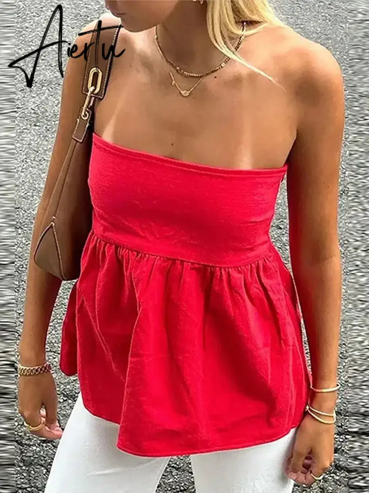 Aiertu Sexy Strapless Ruffles Tube Tops Women Casual Off Shoulder Backless Sleeveless Lady Top 2024 New Summer Solid Female Streetwear Aiertu