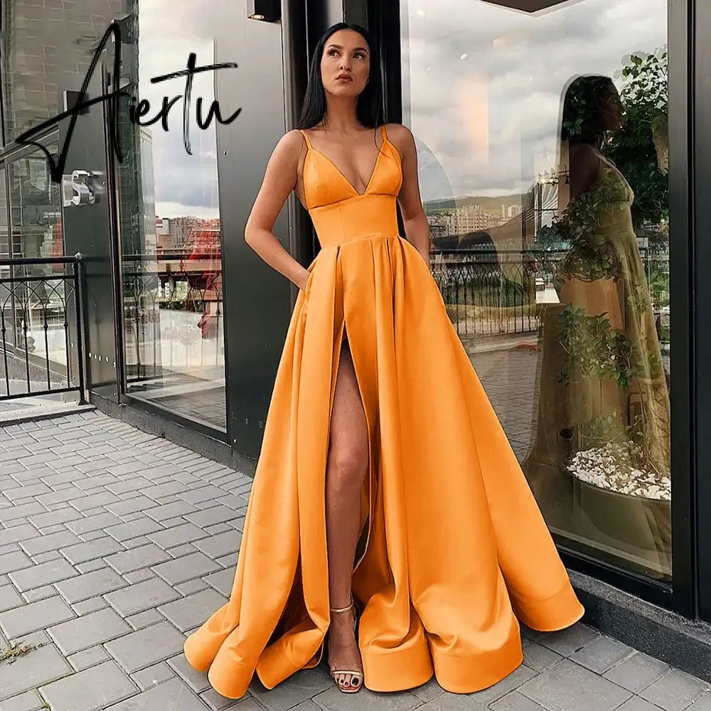 Aiertu Sexy V Neck Satin Evening Dresses Spaghetti Strap Side Slit Prom Dress High Waist Evening Gowns Party Dress Robe De Soiree Aiertu
