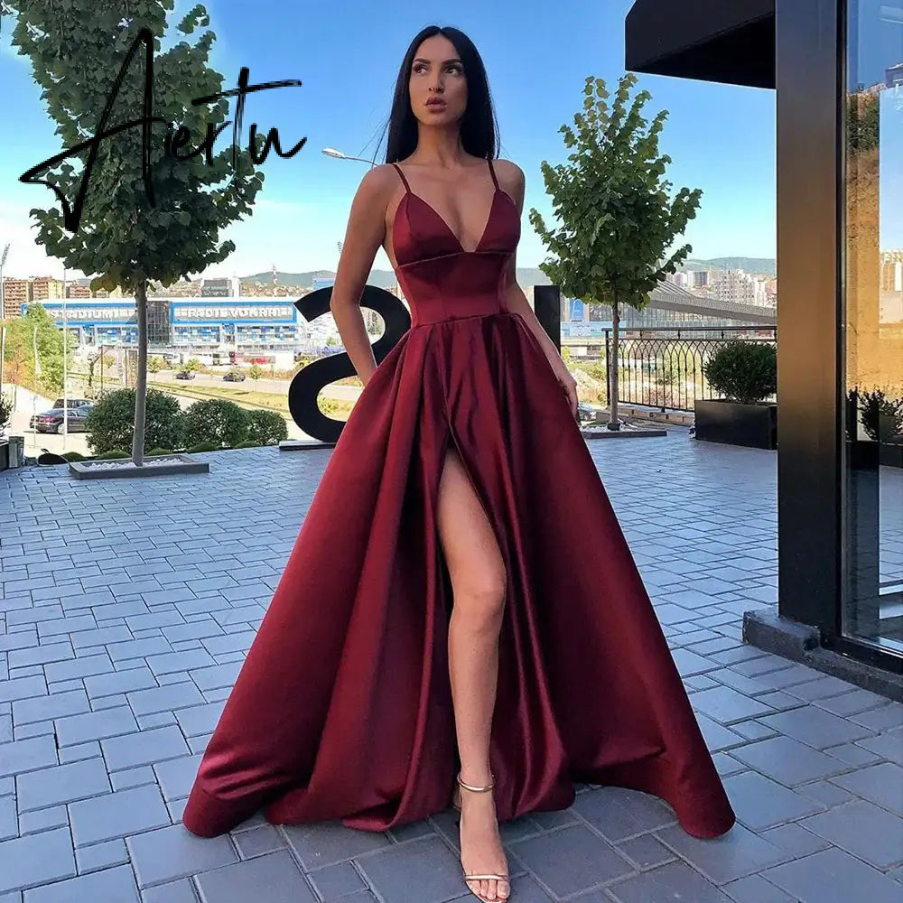 Aiertu Sexy V Neck Satin Evening Dresses Spaghetti Strap Side Slit Prom Dress High Waist Evening Gowns Party Dress Robe De Soiree Aiertu