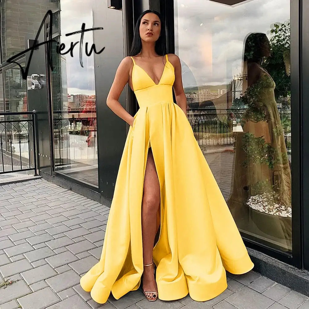 Aiertu Sexy V Neck Satin Evening Dresses Spaghetti Strap Side Slit Prom Dress High Waist Evening Gowns Party Dress Robe De Soiree Aiertu