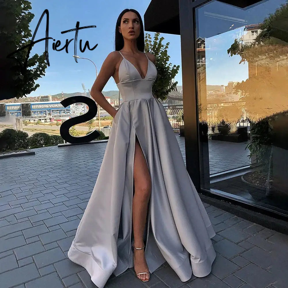 Aiertu Sexy V Neck Satin Evening Dresses Spaghetti Strap Side Slit Prom Dress High Waist Evening Gowns Party Dress Robe De Soiree Aiertu