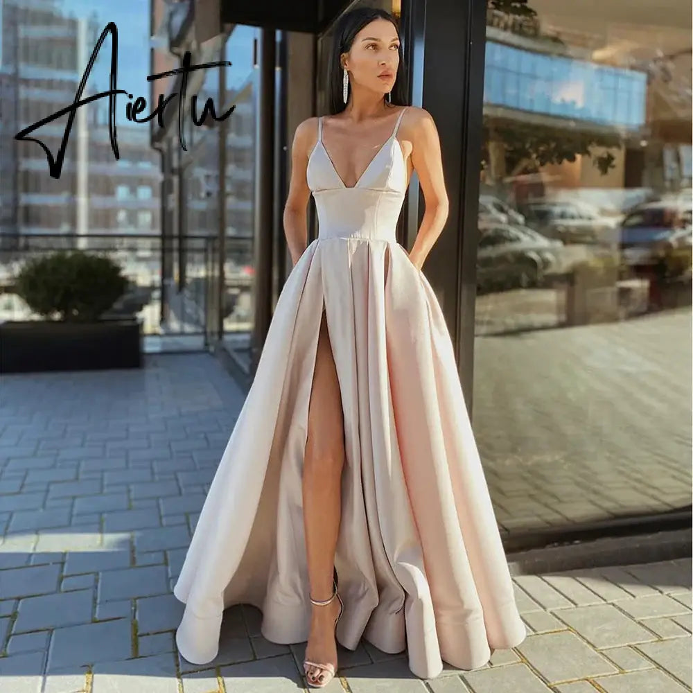Aiertu Sexy V Neck Satin Evening Dresses Spaghetti Strap Side Slit Prom Dress High Waist Evening Gowns Party Dress Robe De Soiree Aiertu