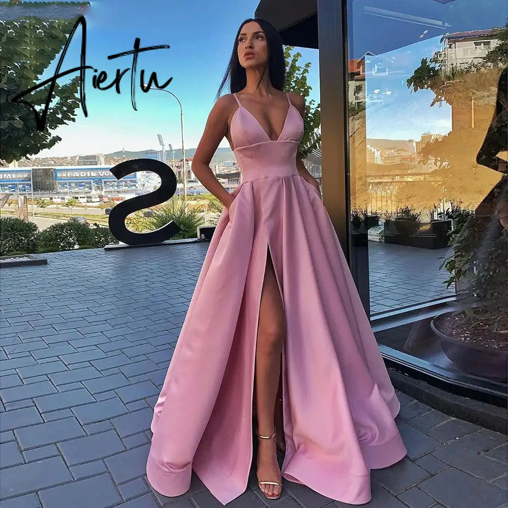 Aiertu Sexy V Neck Satin Evening Dresses Spaghetti Strap Side Slit Prom Dress High Waist Evening Gowns Party Dress Robe De Soiree Aiertu