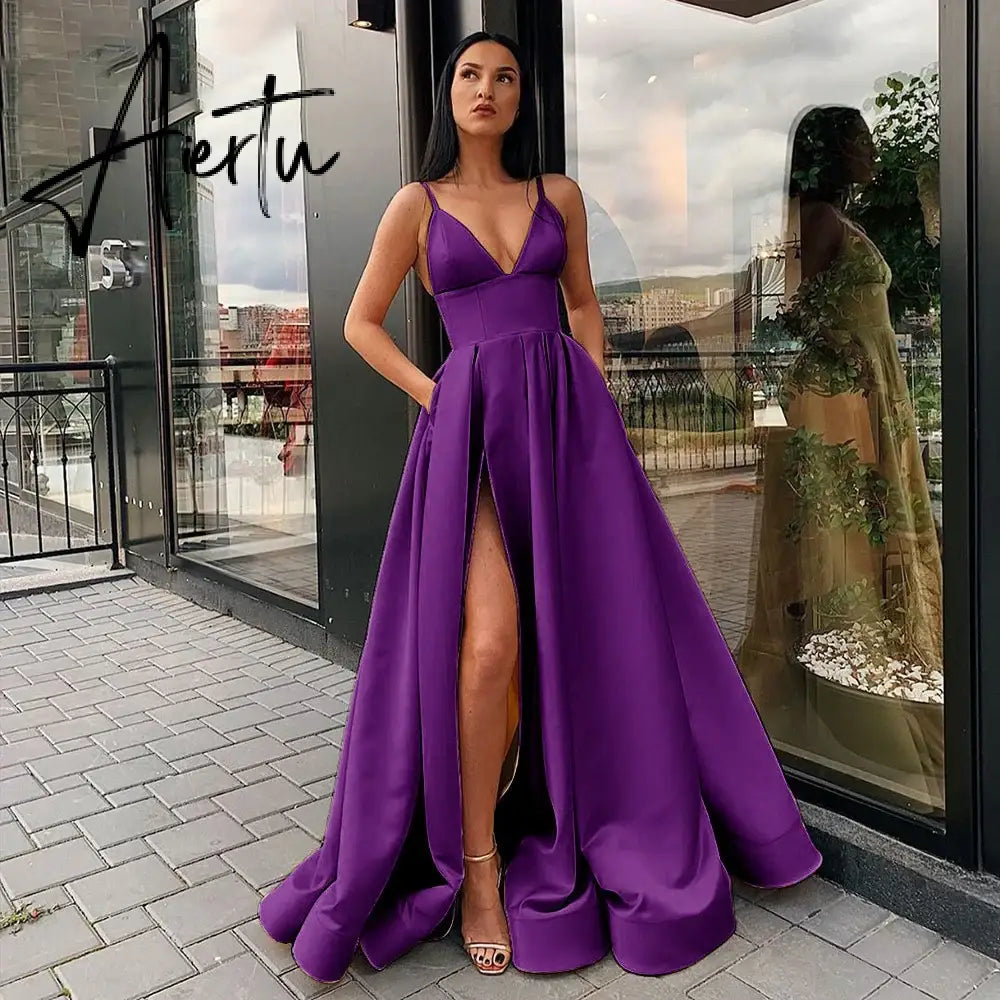 Aiertu Sexy V Neck Satin Evening Dresses Spaghetti Strap Side Slit Prom Dress High Waist Evening Gowns Party Dress Robe De Soiree Aiertu