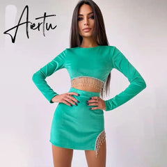 Aiertu Sexy Velvet Open Back Mini Skirt Set Women Solid Long Sleeve Top Rhinestone Tassel Split Skirt Elegant Party Club Wear Aiertu