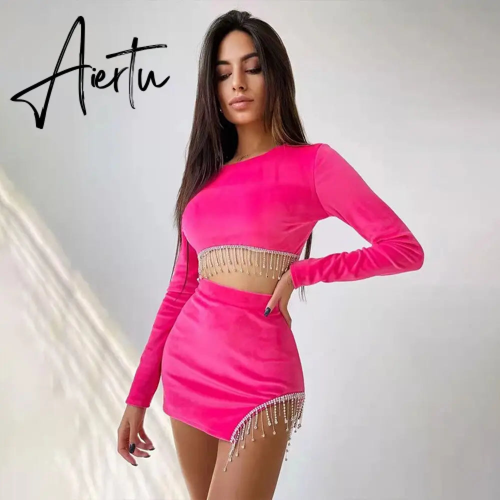 Aiertu Sexy Velvet Open Back Mini Skirt Set Women Solid Long Sleeve Top Rhinestone Tassel Split Skirt Elegant Party Club Wear Aiertu