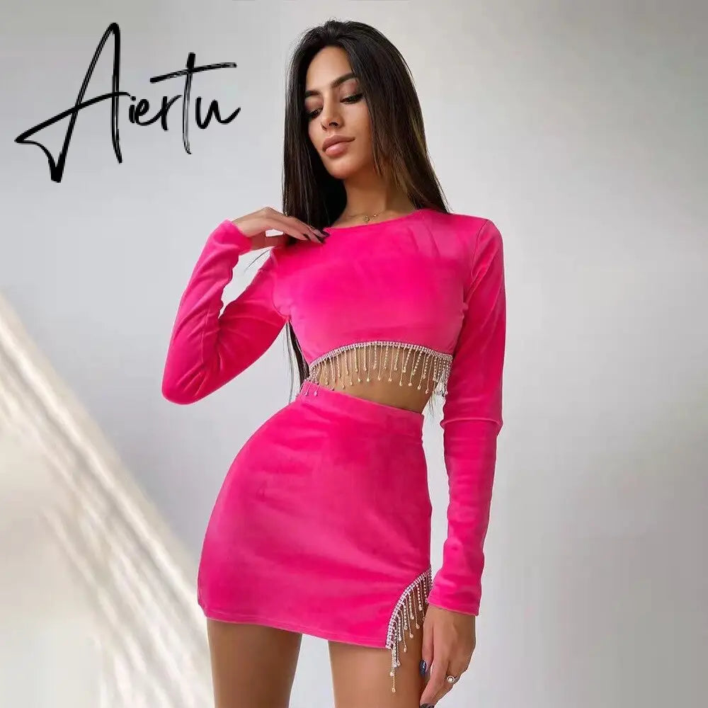 Aiertu Sexy Velvet Open Back Mini Skirt Set Women Solid Long Sleeve Top Rhinestone Tassel Split Skirt Elegant Party Club Wear Aiertu