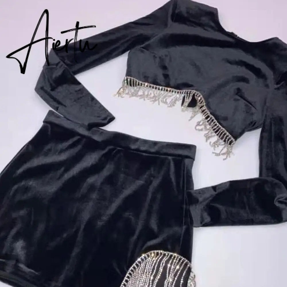 Aiertu Sexy Velvet Open Back Mini Skirt Set Women Solid Long Sleeve Top Rhinestone Tassel Split Skirt Elegant Party Club Wear Aiertu