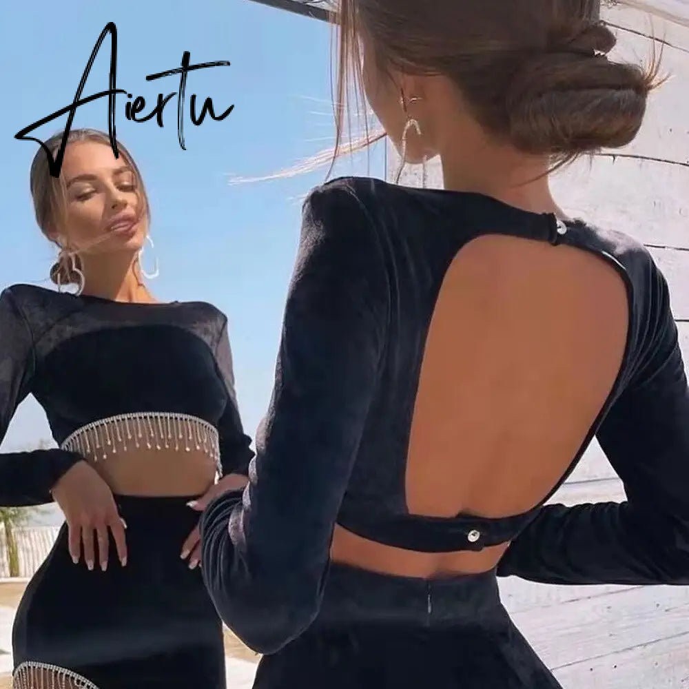 Aiertu Sexy Velvet Open Back Mini Skirt Set Women Solid Long Sleeve Top Rhinestone Tassel Split Skirt Elegant Party Club Wear Aiertu