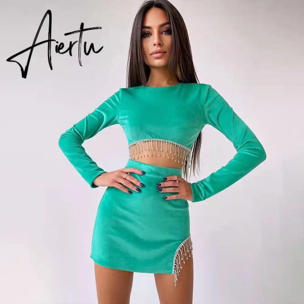 Aiertu Sexy Velvet Open Back Mini Skirt Set Women Solid Long Sleeve Top Rhinestone Tassel Split Skirt Elegant Party Club Wear Aiertu