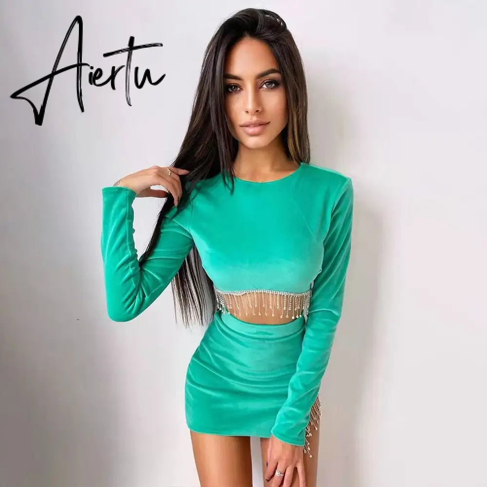 Aiertu Sexy Velvet Open Back Mini Skirt Set Women Solid Long Sleeve Top Rhinestone Tassel Split Skirt Elegant Party Club Wear Aiertu