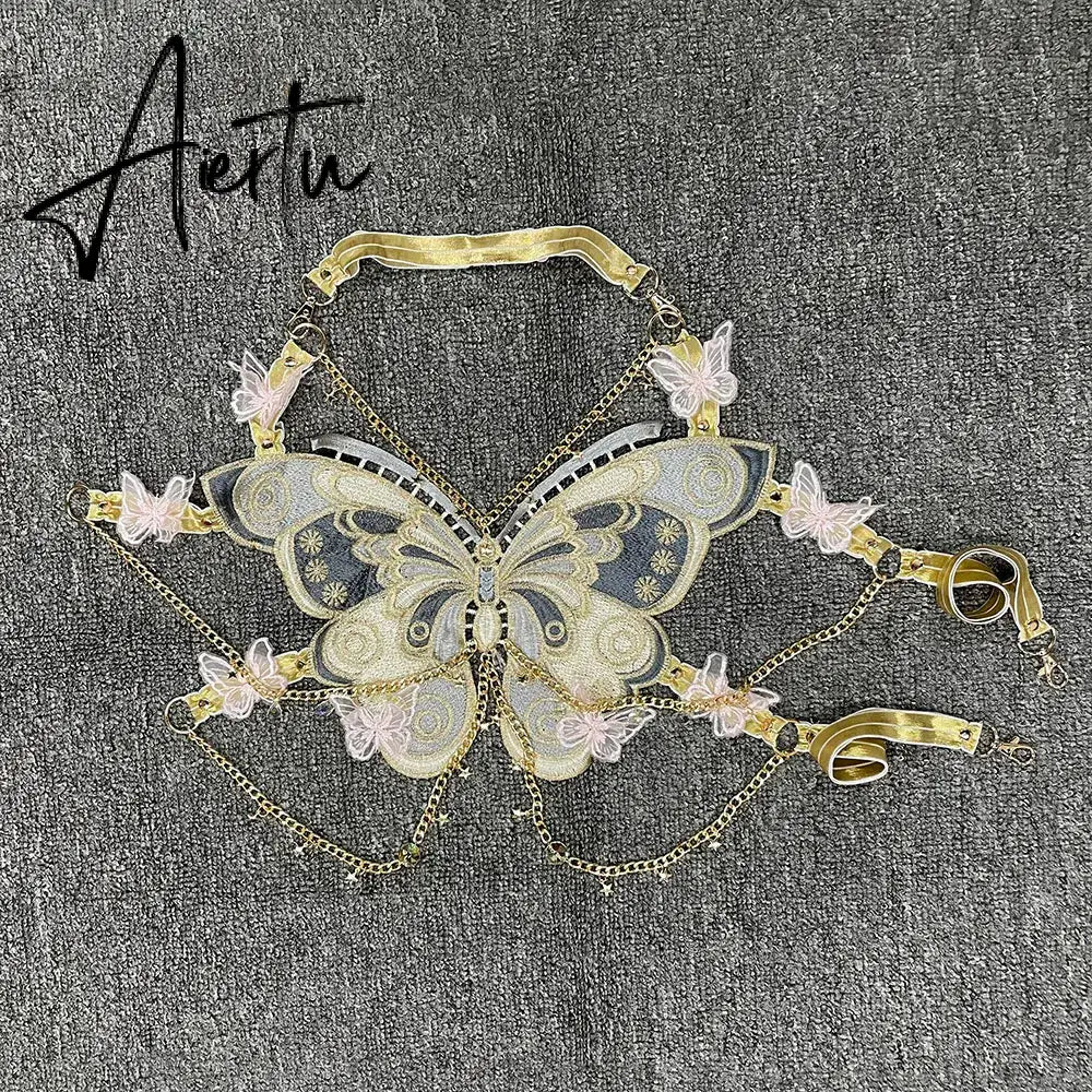 Aiertu  Sexy Woman Crystal Chain Butterfly Embroidery Sleeveless Backless Adjustable Ultra Short Top Music Prom Aiertu
