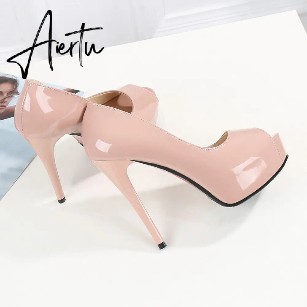 Aiertu Sexy Women Dress Pumps Wedding Fetish Shoe 16CM High Heels Peep toe Platform Patent Leather Nighclub Shoes Women Black Pumps Aiertu