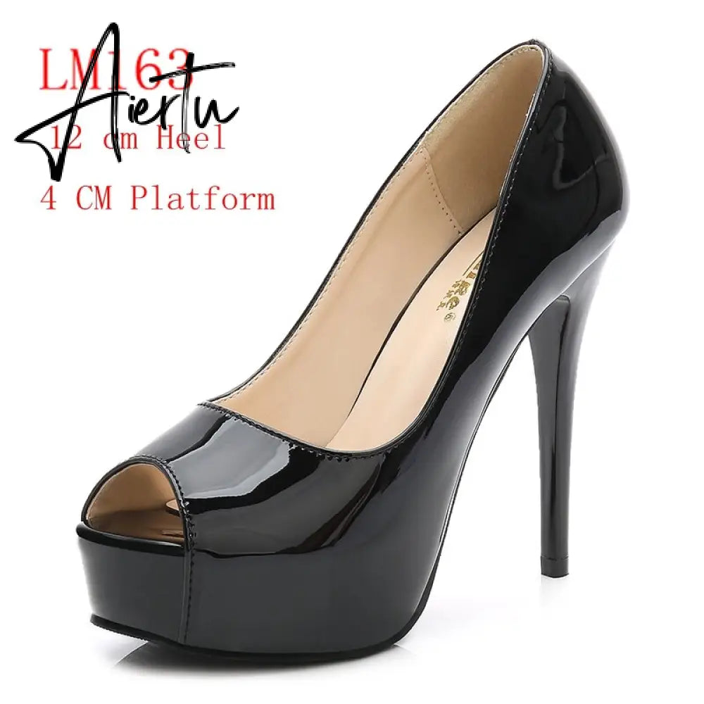 Aiertu Sexy Women Dress Pumps Wedding Fetish Shoe 16CM High Heels Peep toe Platform Patent Leather Nighclub Shoes Women Black Pumps Aiertu