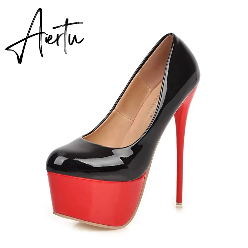Aiertu Sexy Women Dress Pumps Wedding Fetish Shoe 16CM High Heels Peep toe Platform Patent Leather Nighclub Shoes Women Black Pumps Aiertu