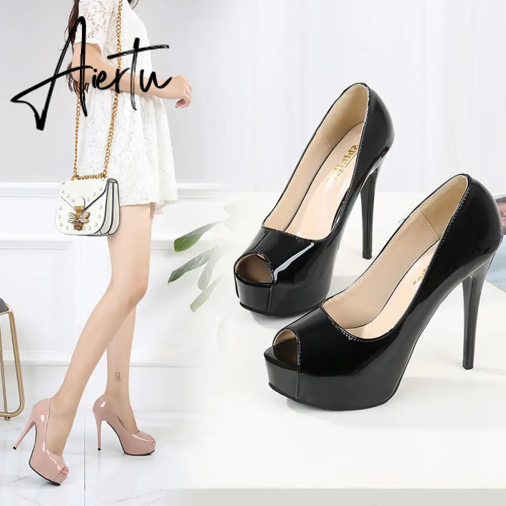 Aiertu Sexy Women Dress Pumps Wedding Fetish Shoe 16CM High Heels Peep toe Platform Patent Leather Nighclub Shoes Women Black Pumps Aiertu