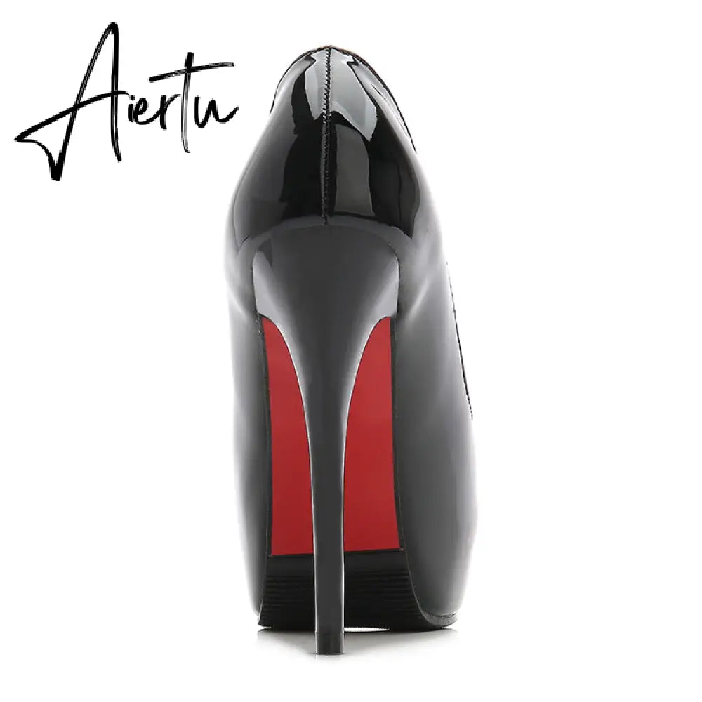 Aiertu Sexy Women Dress Pumps Wedding Fetish Shoe 16CM High Heels Peep toe Platform Patent Leather Nighclub Shoes Women Black Pumps Aiertu