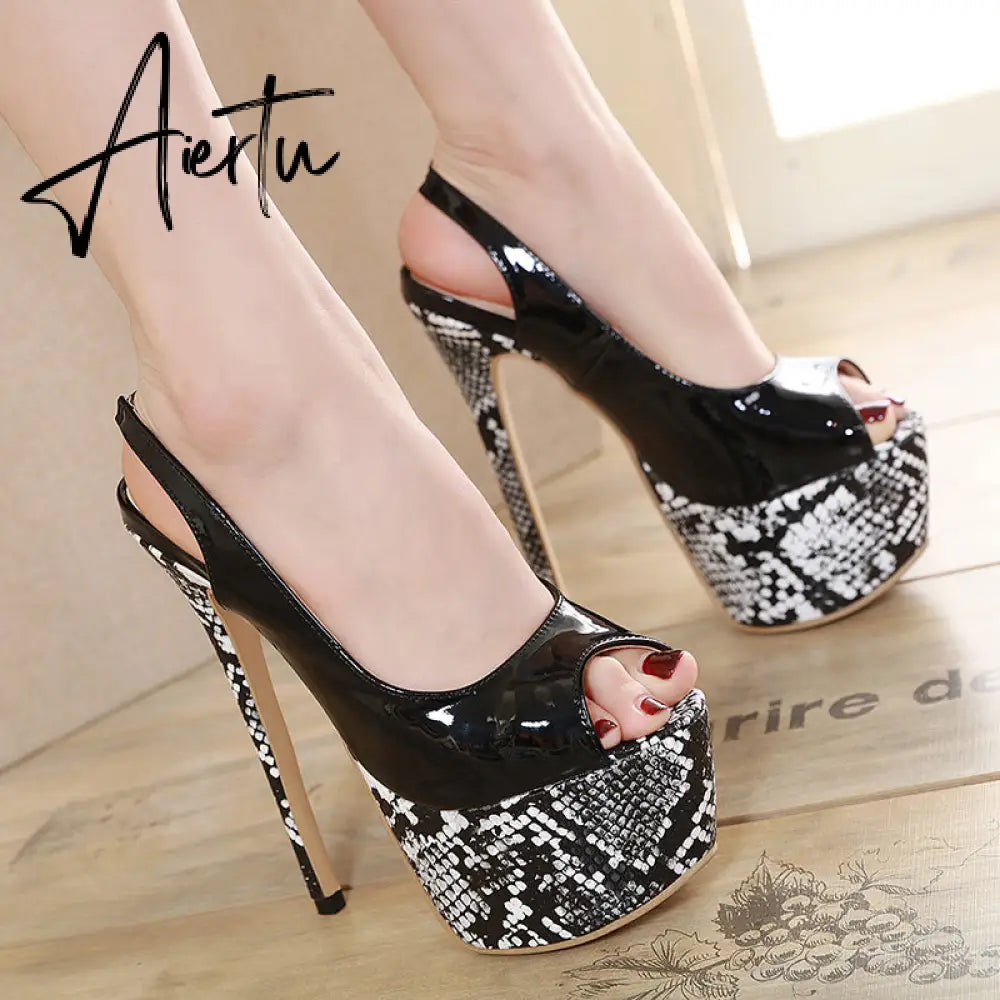 Aiertu Sexy Women Dress Pumps Wedding Fetish Shoe 16CM High Heels Peep toe Platform Patent Leather Nighclub Shoes Women Black Pumps Aiertu