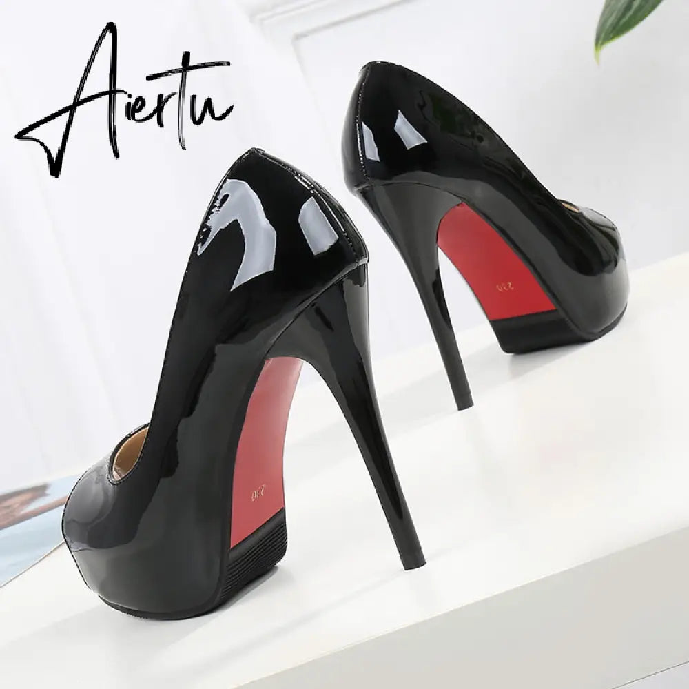 Aiertu Sexy Women Dress Pumps Wedding Fetish Shoe 16CM High Heels Peep toe Platform Patent Leather Nighclub Shoes Women Black Pumps Aiertu