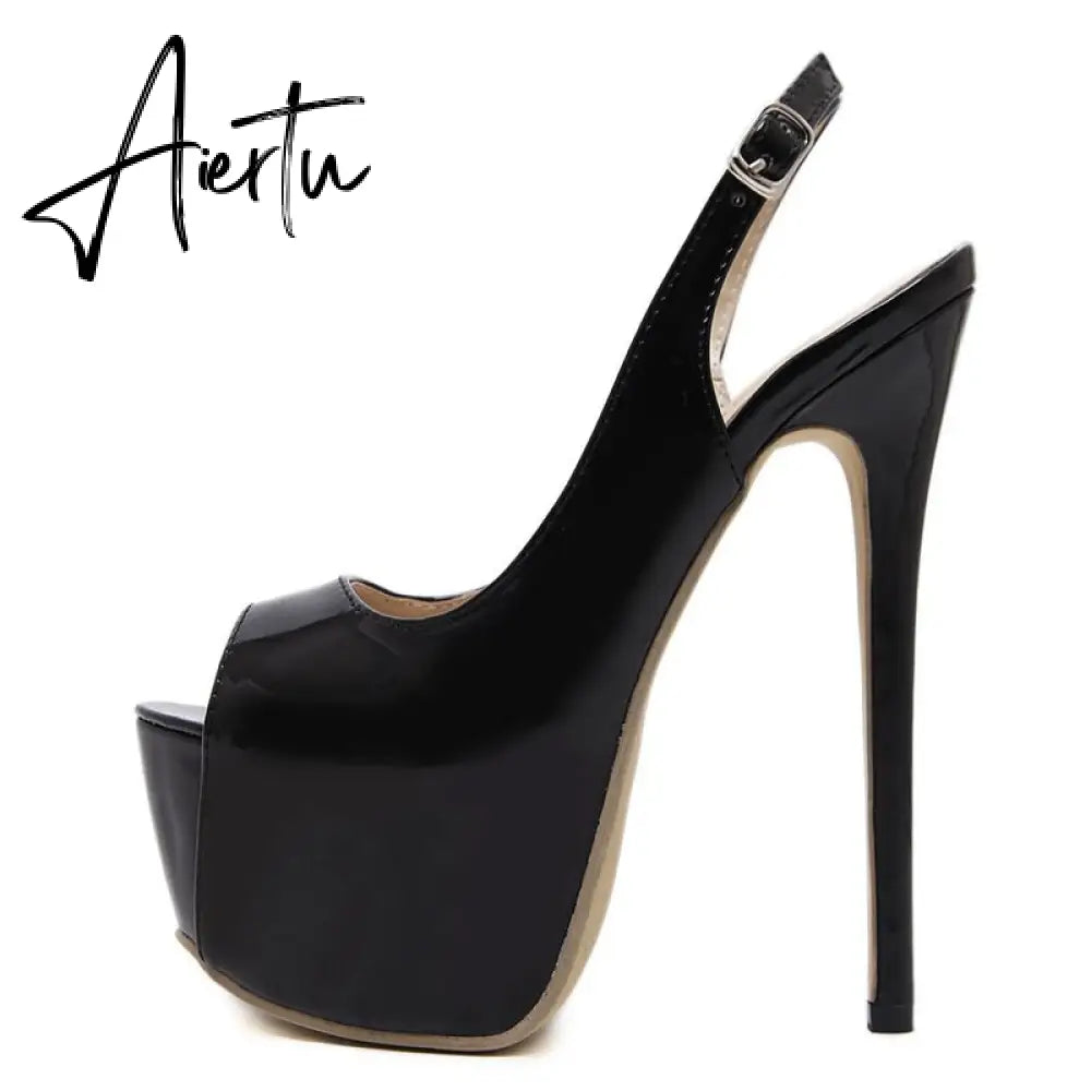 Aiertu Sexy Women Dress Pumps Wedding Fetish Shoe 16CM High Heels Peep toe Platform Patent Leather Nighclub Shoes Women Black Pumps Aiertu
