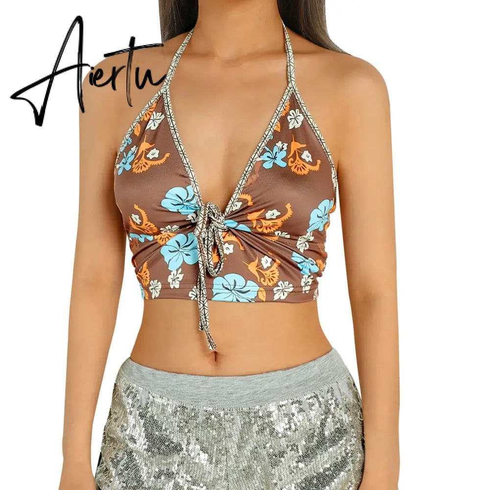 Aiertu Sexy Women Floral Print Vest Tops Summer Ladies Backless Sleeveless Halter Tank Multiple Styles Casual Camisole Aiertu