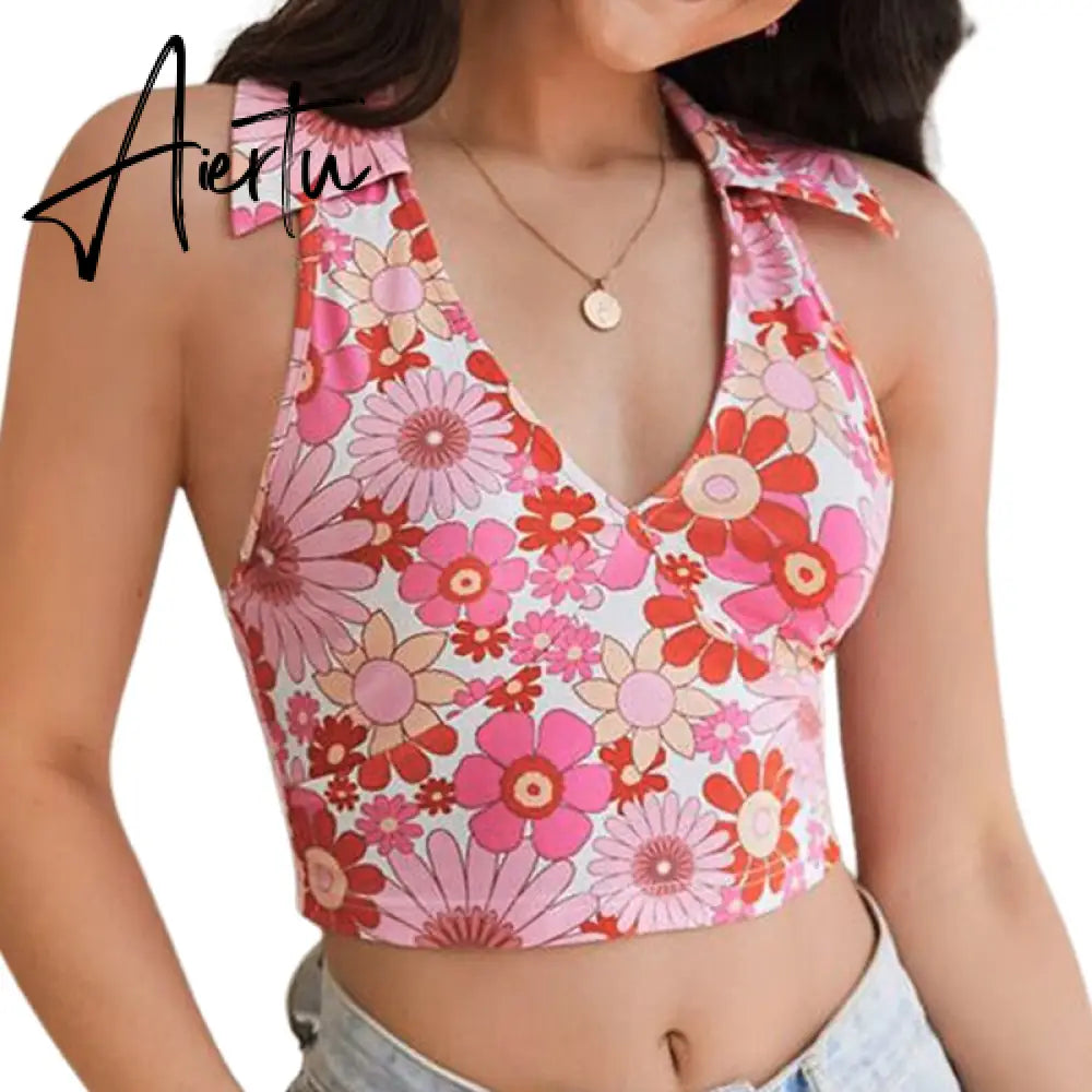 Aiertu Sexy Women Floral Print Vest Tops Summer Ladies Backless Sleeveless Halter Tank Multiple Styles Casual Camisole Aiertu
