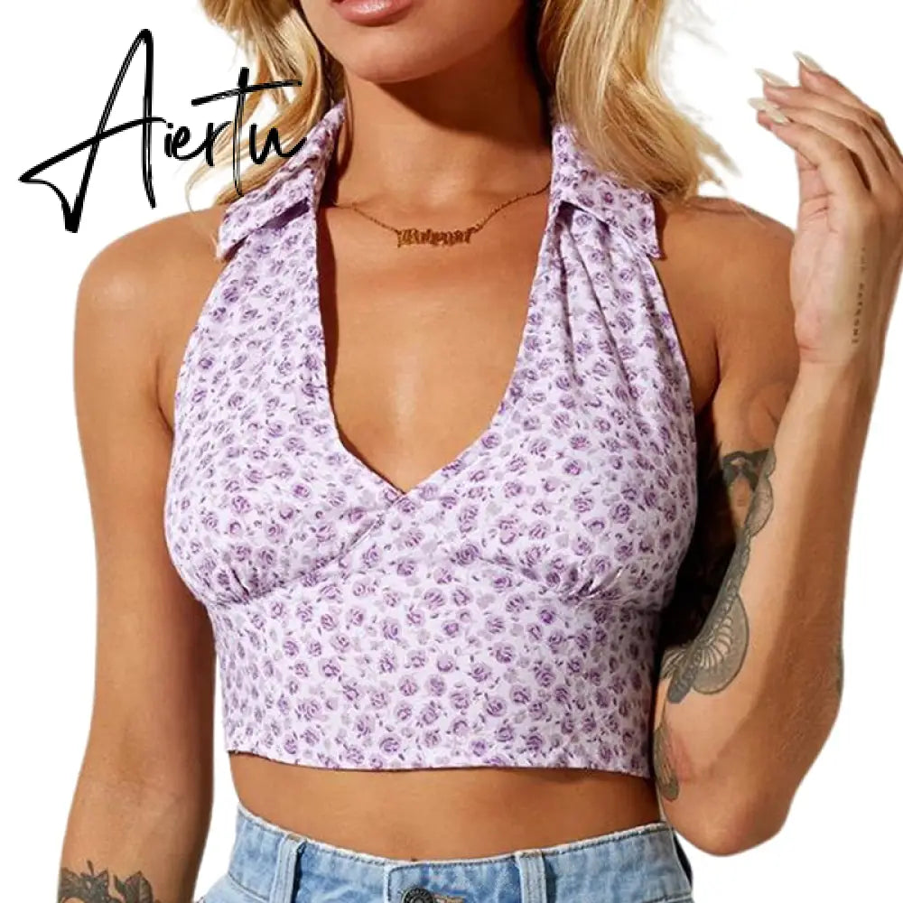 Aiertu Sexy Women Floral Print Vest Tops Summer Ladies Backless Sleeveless Halter Tank Multiple Styles Casual Camisole Aiertu
