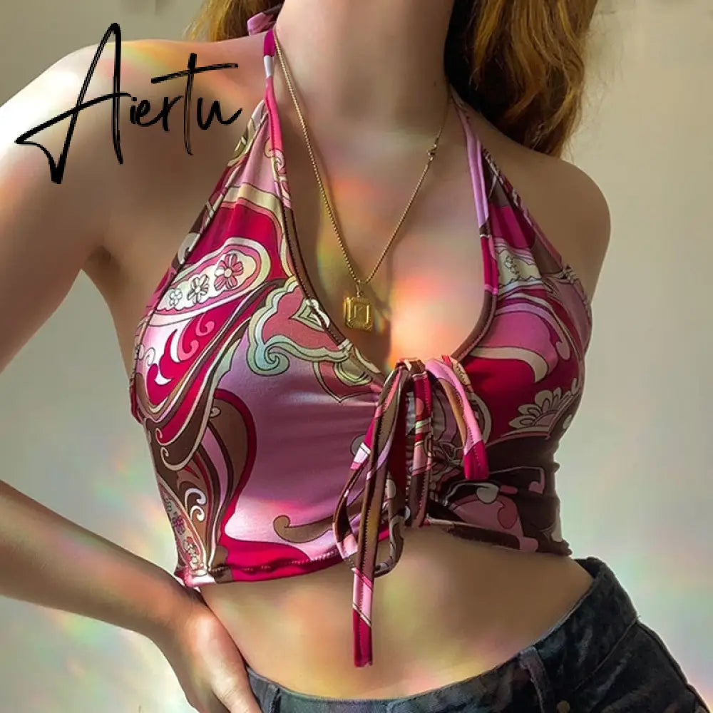 Aiertu Sexy Women Floral Print Vest Tops Summer Ladies Backless Sleeveless Halter Tank Multiple Styles Casual Camisole Aiertu