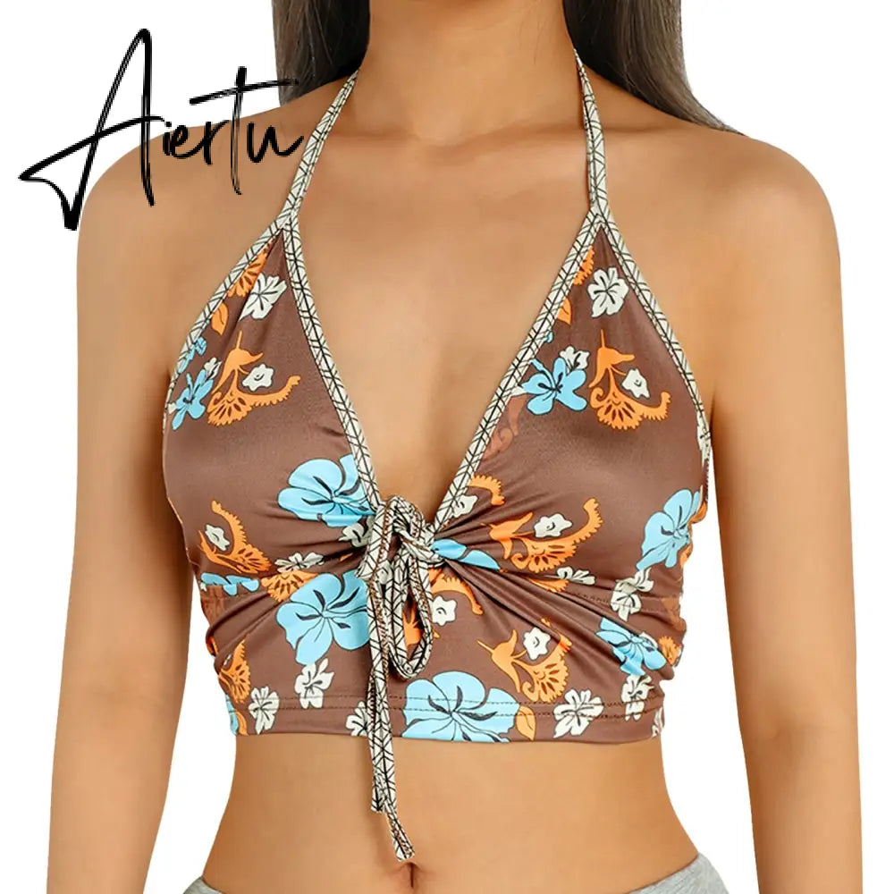 Aiertu Sexy Women Floral Print Vest Tops Summer Ladies Backless Sleeveless Halter Tank Multiple Styles Casual Camisole Aiertu