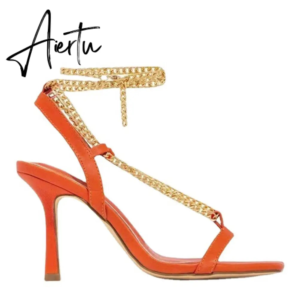 Aiertu Sexy Women Shoes High Heels Sandals Metal Chain Open Toe Stilettos Ladies Basic Buckle Strap Sandals Party Pumps Female Footwear Aiertu