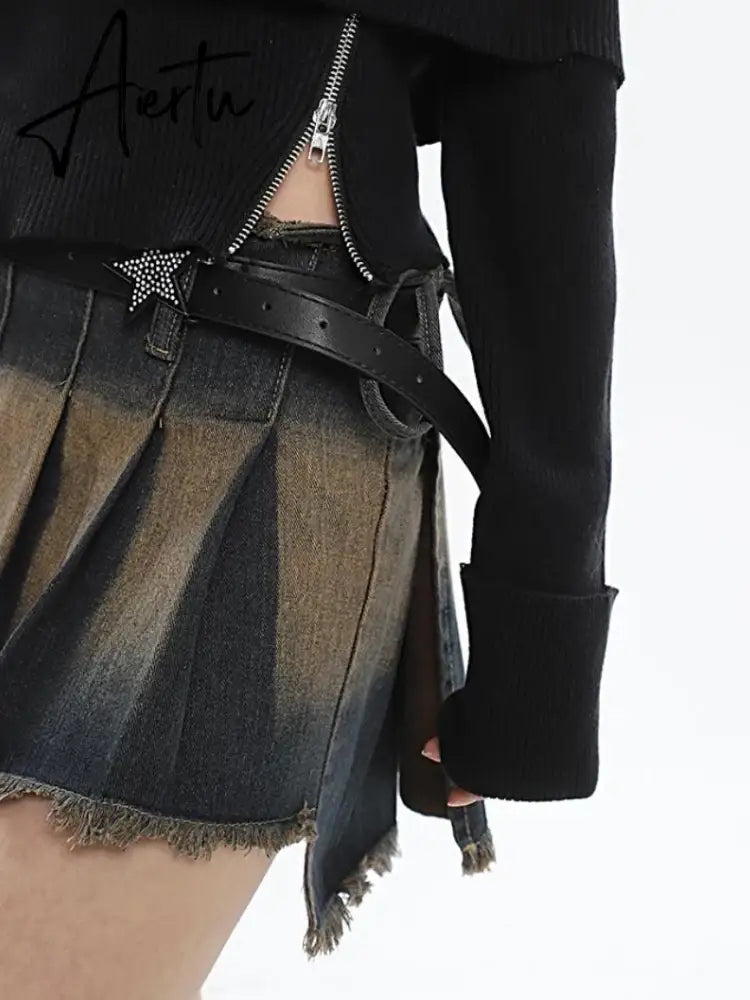 Aiertu Sexy Y2k Skirt Women Denim Distressed Irregular Pleated Mini Skirts Korean Fashion Streetwear Hot Girl Vintage Outfits Aiertu