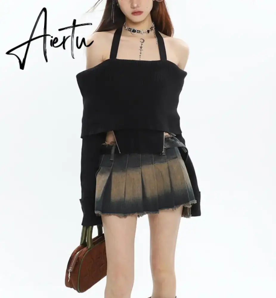 Aiertu Sexy Y2k Skirt Women Denim Distressed Irregular Pleated Mini Skirts Korean Fashion Streetwear Hot Girl Vintage Outfits Aiertu