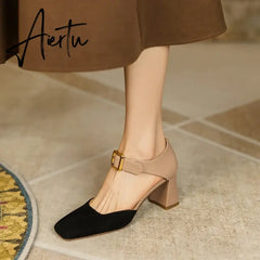 Aiertu Sheep Suede Leather Shoes Women Summer/Spring Women Sandals Square Toe High Heels Cover Heel Shoes for Women Retro Mary Janes Aiertu