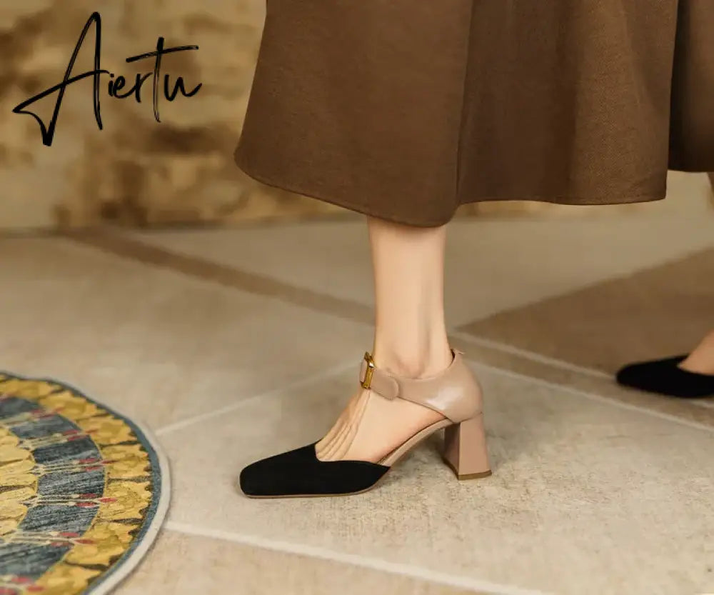 Aiertu Sheep Suede Leather Shoes Women Summer/Spring Women Sandals Square Toe High Heels Cover Heel Shoes for Women Retro Mary Janes Aiertu