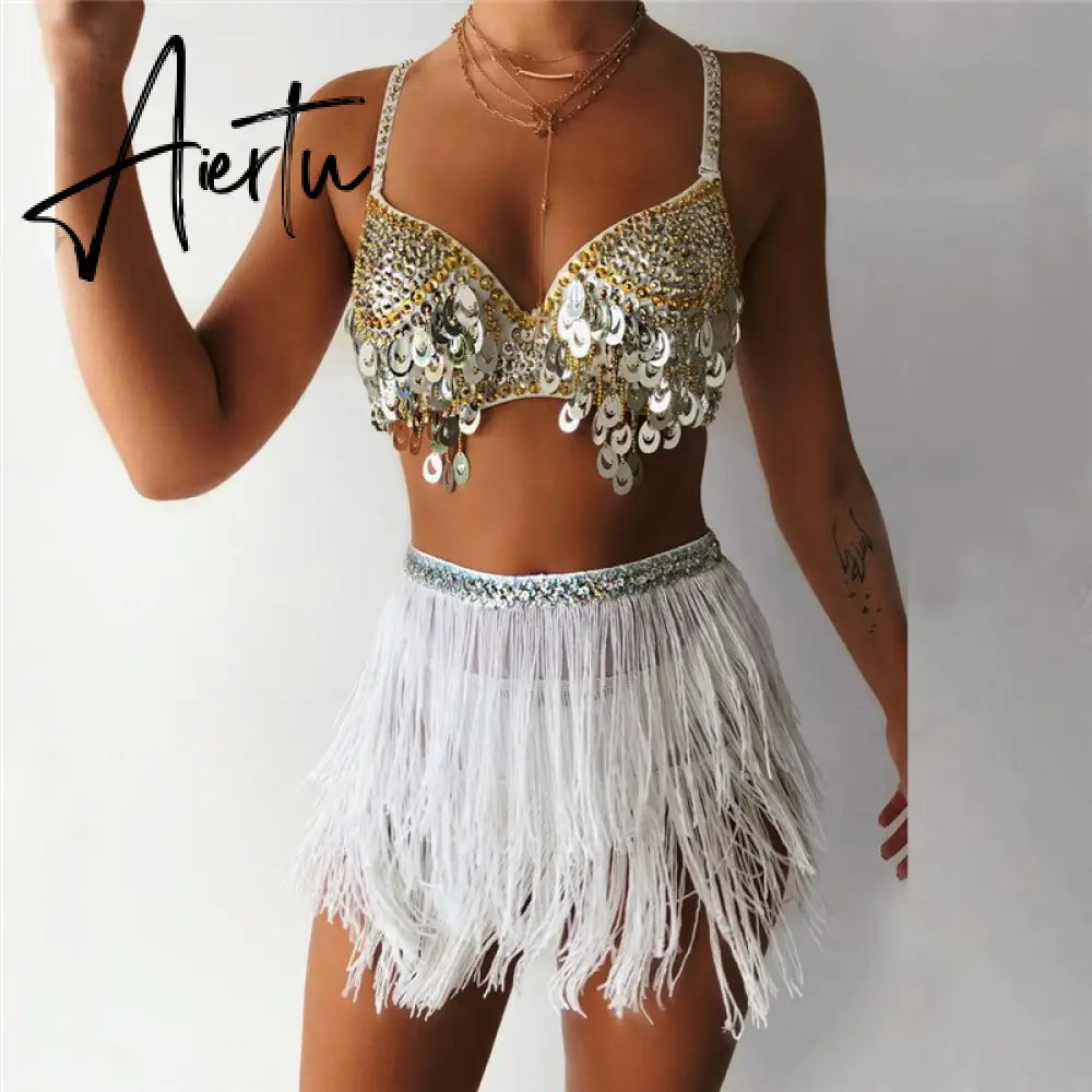 Aiertu  Shiny Sequined Two Piece Set Women Spaghetti Strap Diamante Bra Crop Top Tassel Waist Chain Latin Dance Performance 2 Pcs Outfit Aiertu