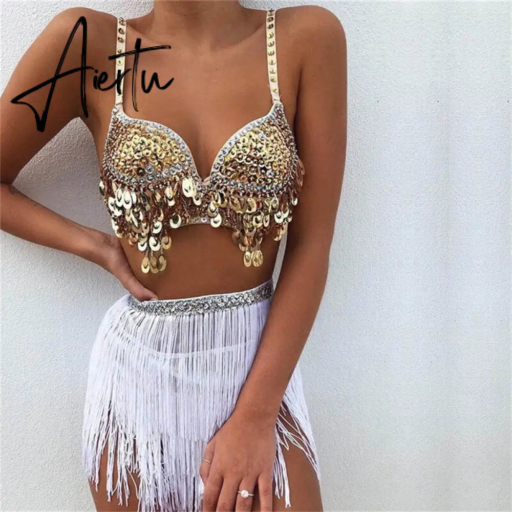 Aiertu  Shiny Sequined Two Piece Set Women Spaghetti Strap Diamante Bra Crop Top Tassel Waist Chain Latin Dance Performance 2 Pcs Outfit Aiertu