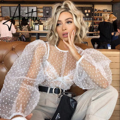 AIERTU Shirts Women Blouse Female Fashion Long Puff Sleeve Solid Top Femme Casual Transparent Blusas Top Plus Size Womens Tunic Aiertu