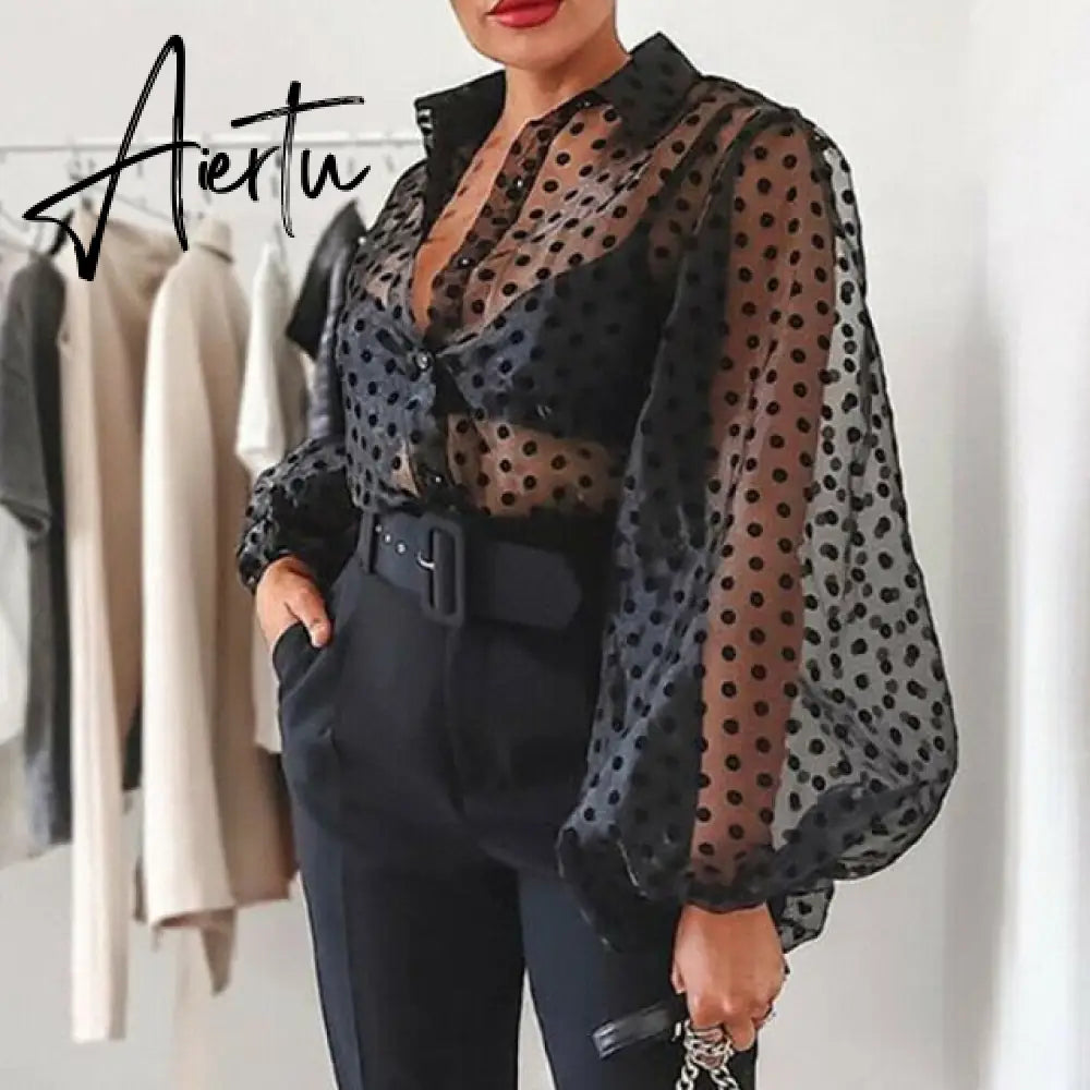 AIERTU Shirts Women Blouse Female Fashion Long Puff Sleeve Solid Top Femme Casual Transparent Blusas Top Plus Size Womens Tunic Aiertu